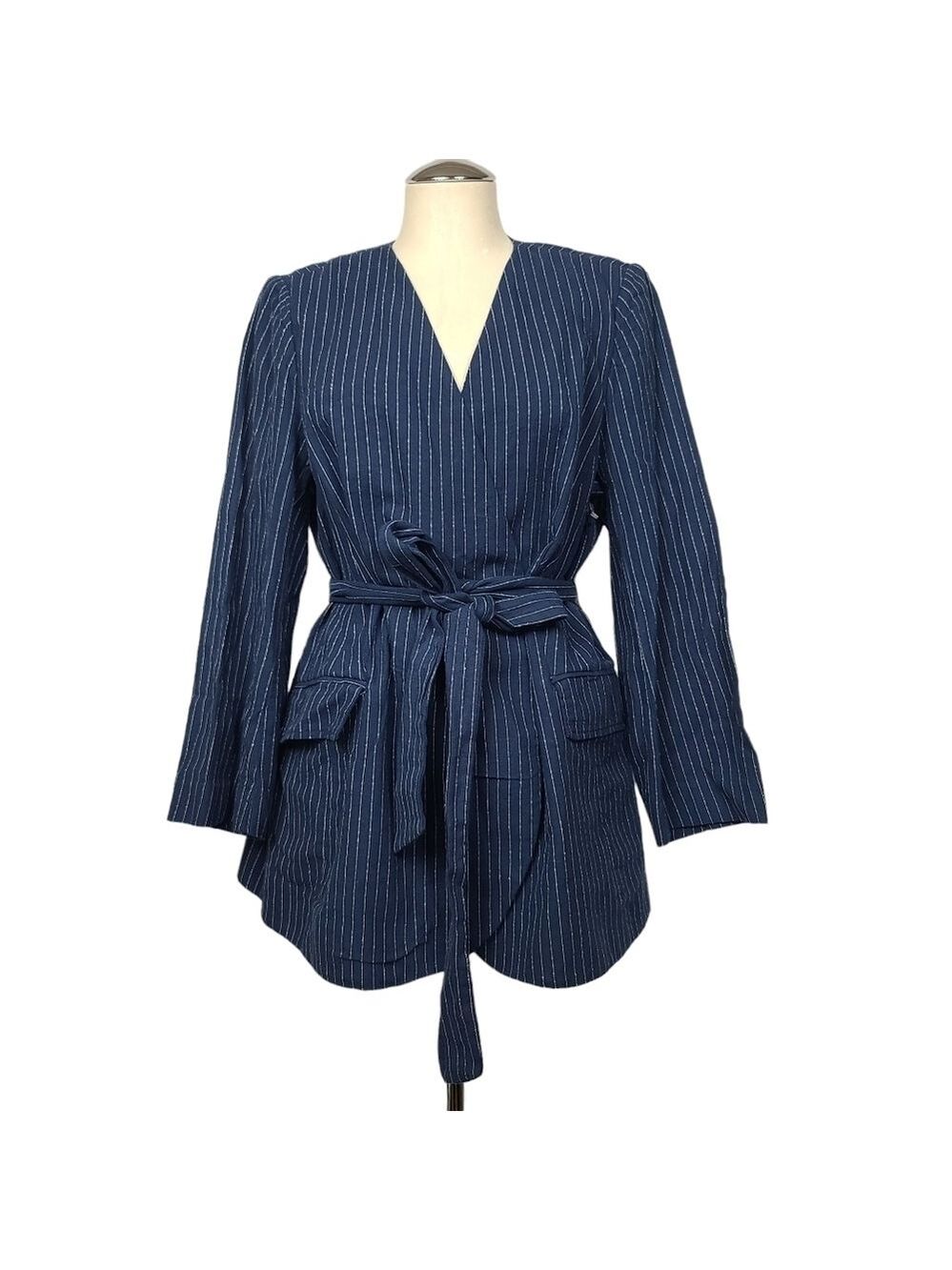 Lane Bryant Tucker The Bryant Pinstripe Blue White Tie Front Blazer 12